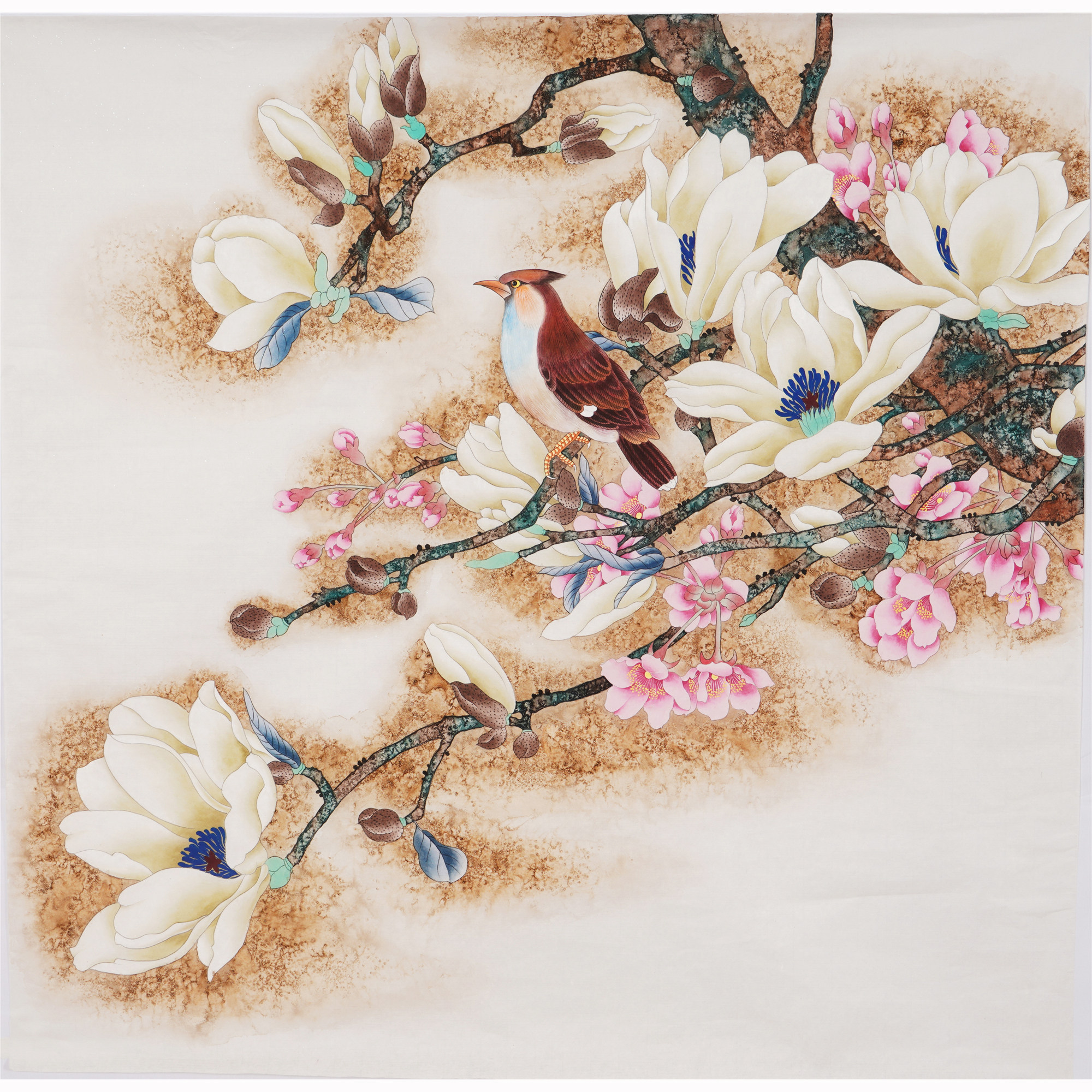 国画无款提款花鸟手绘工笔画精品牡丹蝴蝶斗方国画