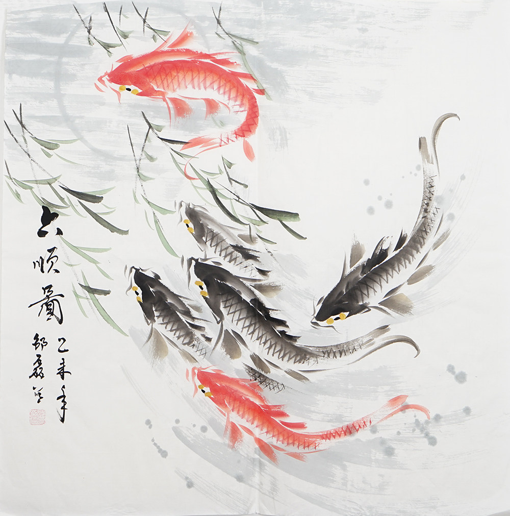 国画斗方六顺图中中式客厅挂画手绘字画写意国画