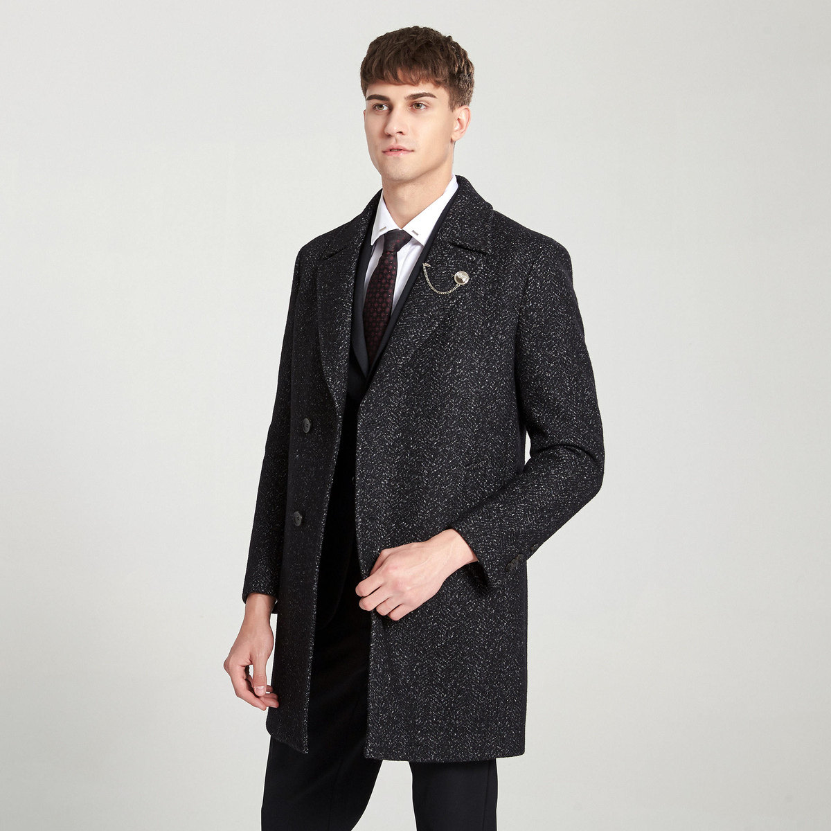 大衣boni堡尼男士毛呢中青年灰色人字外套商务毛呢大衣