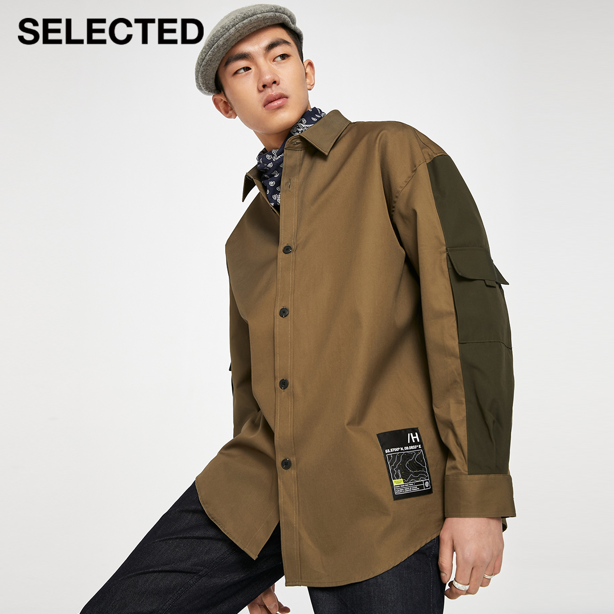 SELECTED思莱德秋冬潮流工装臂兜拼接长袖衬衫外套男|421105053