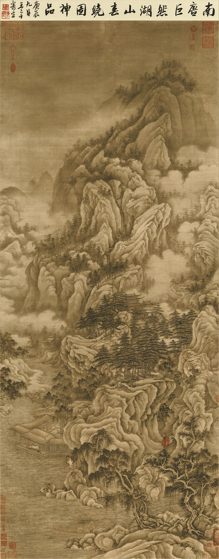 巨然湖山春晓国画绢画微喷复制仿古山水立轴国画