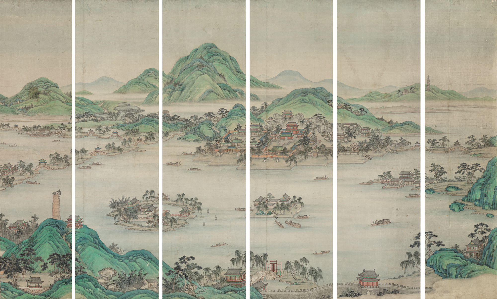 清张若霭西胡全景六条国画青绿山水客厅大堂国画