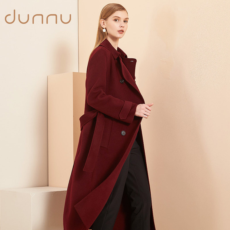 羊毛大衣敦奴dunnu2020春季新款时尚双排绑带毛呢外套