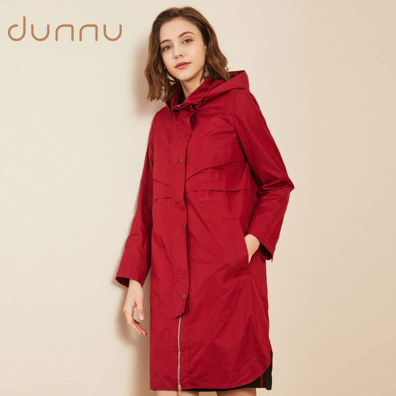 敦奴官方旗舰店dunnu2019秋冬新款时尚纯色风衣中长款连风衣