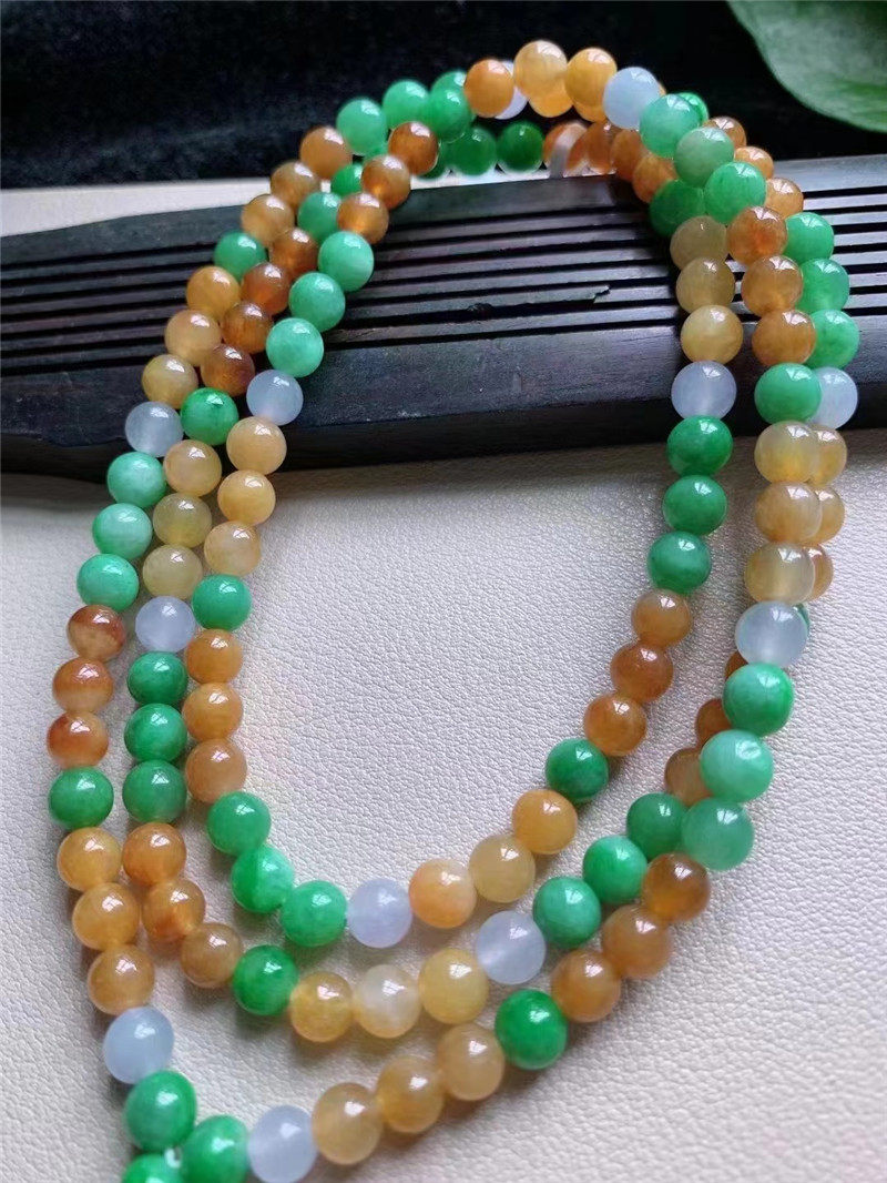 缅甸天然翡翠老坑货冰糯种三彩圆珠项链多宝男女颈饰