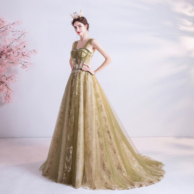 天使嫁衣  鎏金水晶 金色新娘结婚敬酒服晚宴年会演出婚纱礼服261