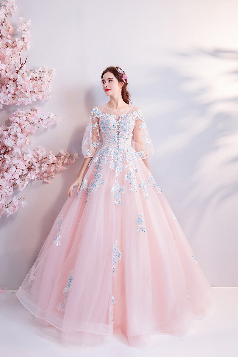 天使嫁衣 樱花粉色新娘结婚敬酒服晚宴长袖婚纱礼服批发2128