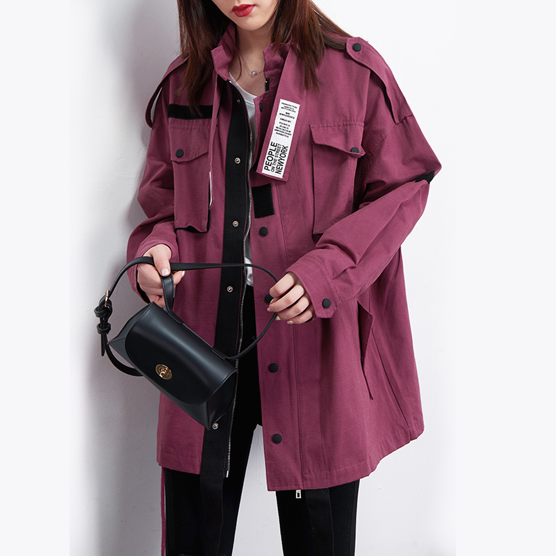 紫色布朗红 工装风衣外套女2021春秋新款韩版宽松bf中长款秋装潮