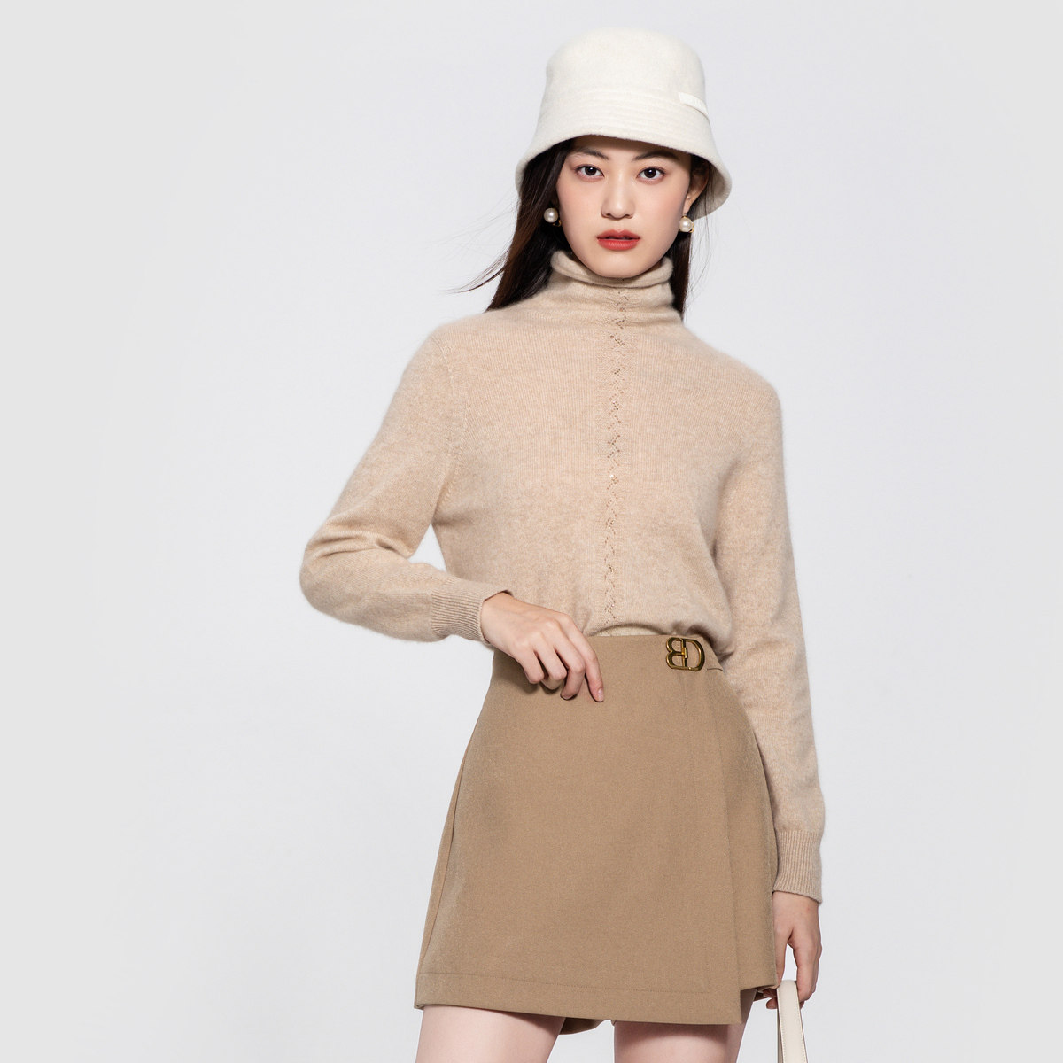 badina芭蒂娜高领羊绒针织衫2022冬季新款驼色羊毛毛针织衫