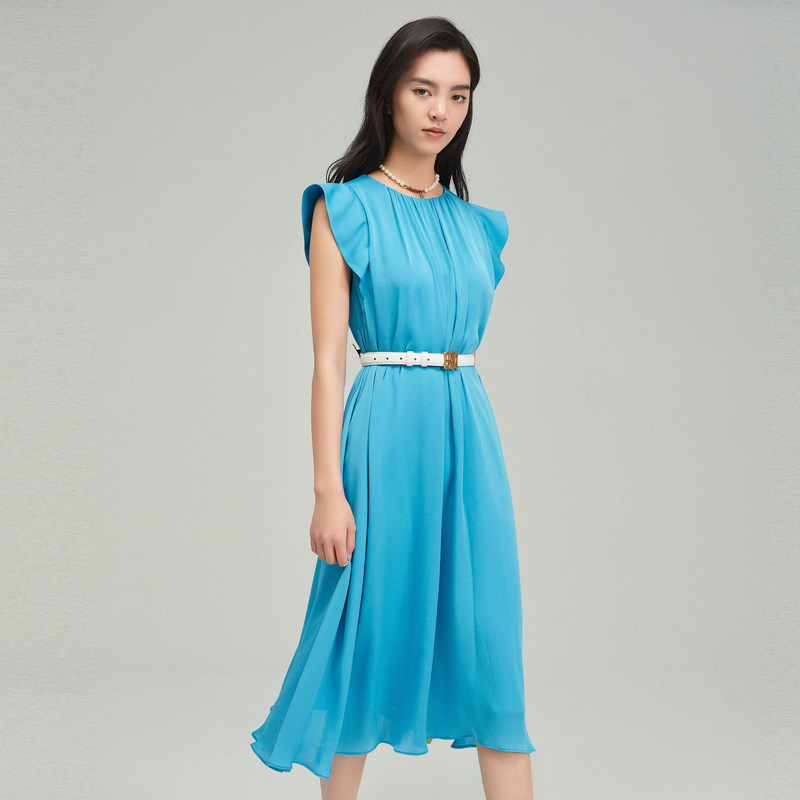 芭蒂娜蓝色连衣裙轻奢夏季新款无袖高腰修身洋气连衣裙