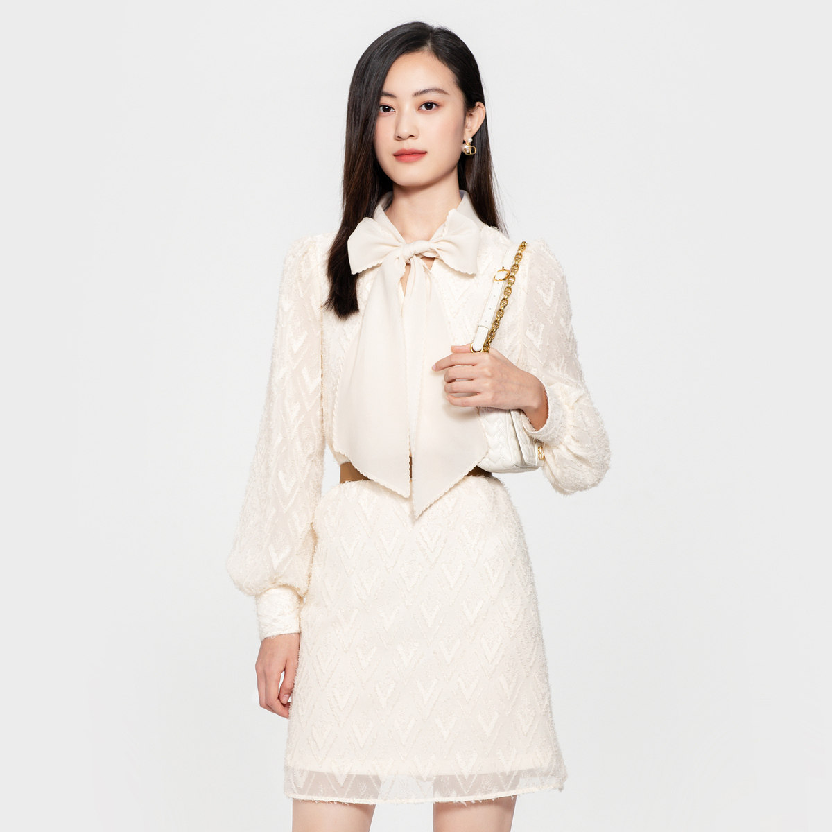 badina芭蒂娜米白白色蕾丝连衣裙2022冬季新款蝴蝶结连衣裙
