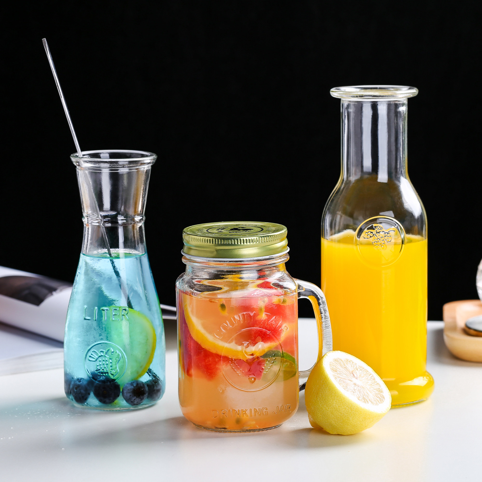 网红水果茶杯玻璃杯水果杯带盖硬质果汁杯商用餐厅果汁杯酒店扎壶