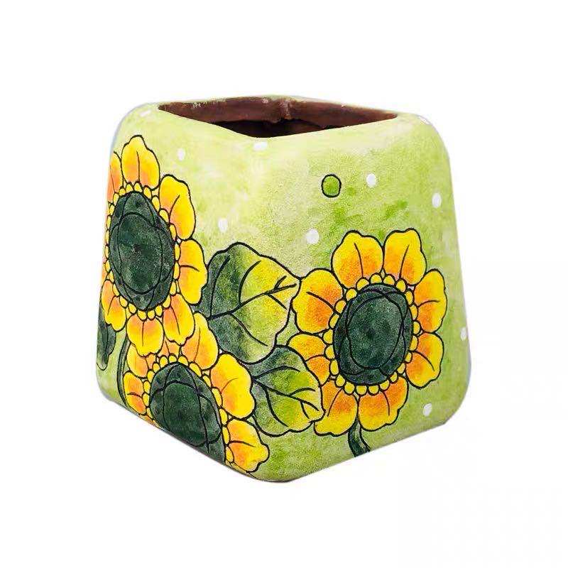 手绘花盆粗陶透气拇指盆带脚小四四方控型手工花盆