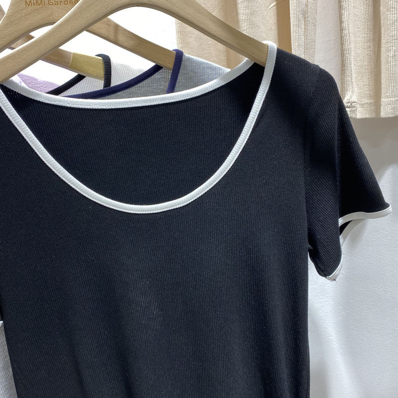 大码百搭显瘦上衣领口领大新款小衫欧洲站洋气t恤