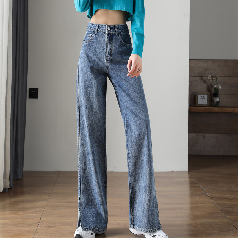 雅风拖地牛仔裤侧边开叉垂感宽松松显瘦直筒高腰牛仔裤