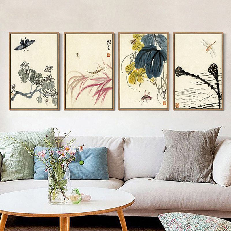 齐白石装饰画客厅新中式花鸟草虫国画现代简约中国风餐厅挂画壁画