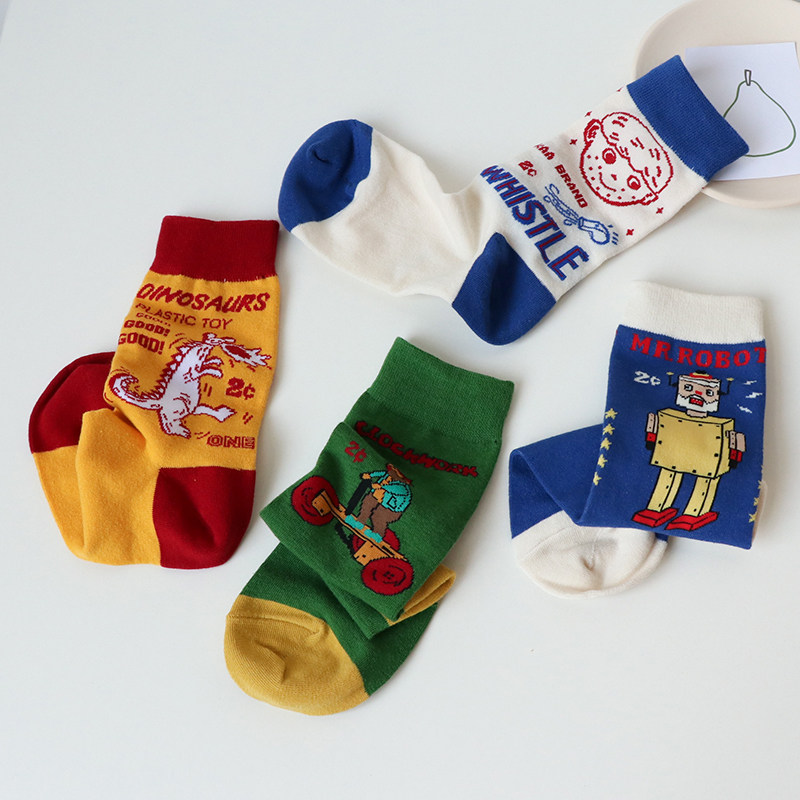 破破可爱机器人袜子袜子男男女卡通插画情侣中筒中筒袜