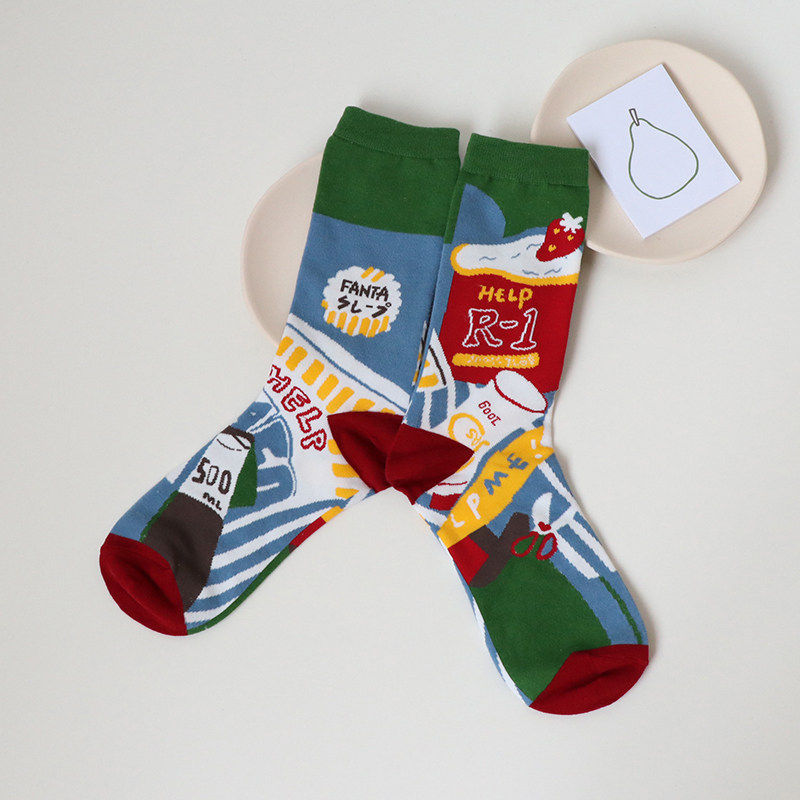 破破彩色卡通插画袜子袜子男男女情侣可爱纯棉中筒袜