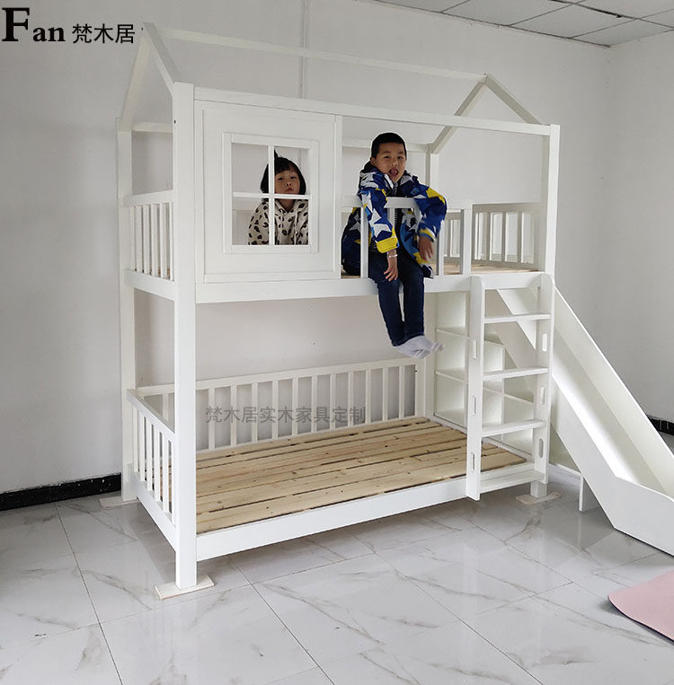 实木儿童树屋床带滑梯男女女孩上下床高低橡木高低