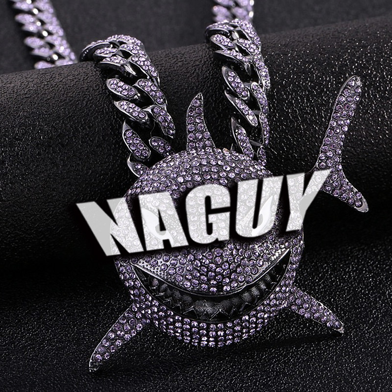 naguy铜制大鲨鱼吊坠6ix9ine满钻古巴项链说唱男孩项链