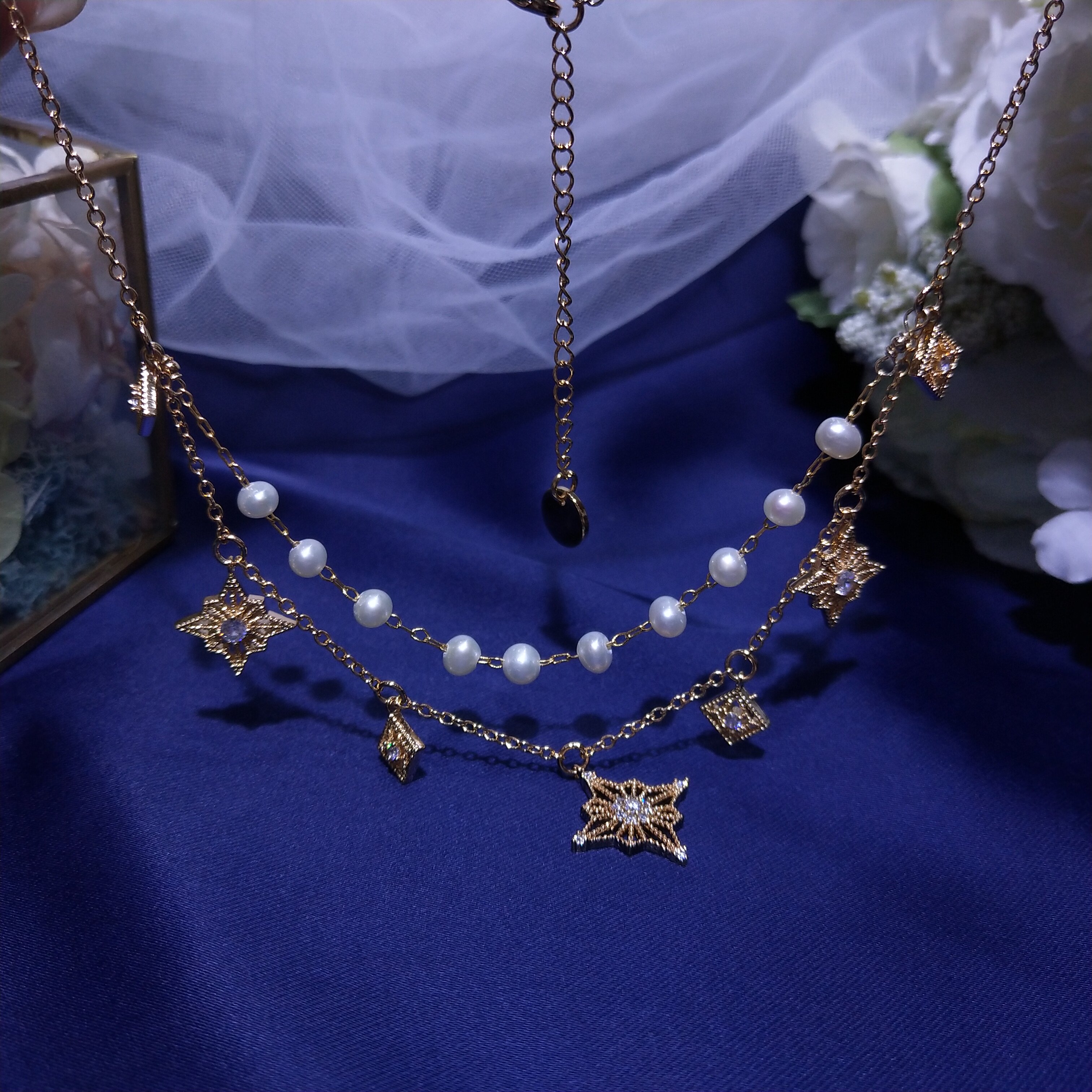 千凝双层五角星14k包金天然淡水珍珠项链蕾丝颈饰