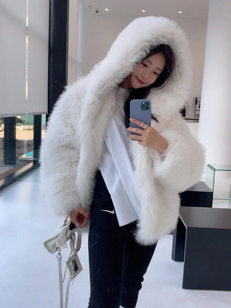网红仙气新款冬季大衣皮草白色外套唯美毛外套皮草