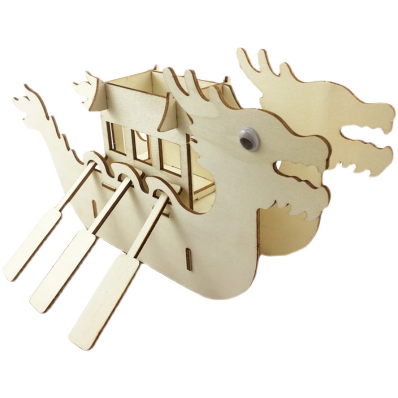 原木木制手工立体简易龙船模型儿童端午拼装拼图