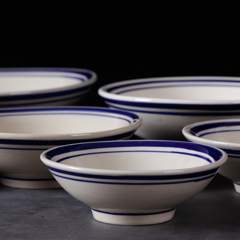 饭碗仿古双线老式陶瓷瓷碗粗陶手绘蓝酒碗火锅碗