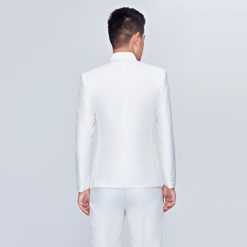 演出服白色中山装男士刺绣司仪歌手主持人礼服成人中山装