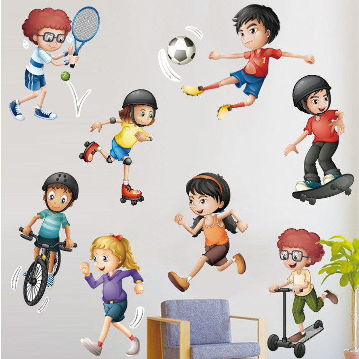 幼儿园小学学校墙贴卡通小人单车滑板车跑步溜冰软装墙贴