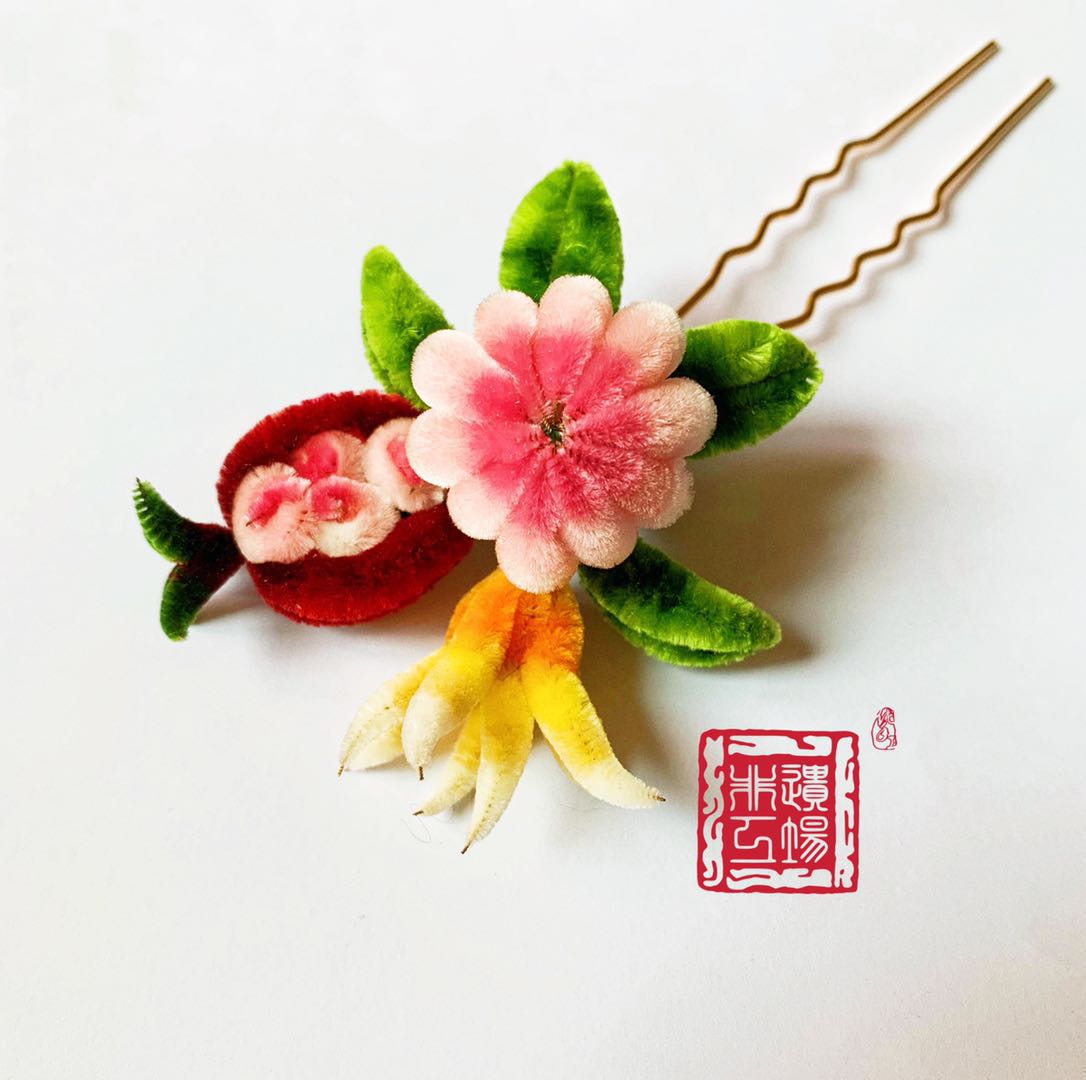 非遗工场绒花发簪现货福寿绵长汉服头饰手工diy其它首饰