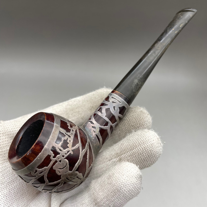 小猪烟斗全新石楠木楠木美国silversmith镂空蚀刻纯银烟斗