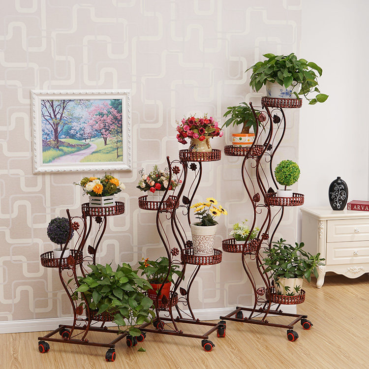 花架欧式铁艺多层层带移动轮子多盆阳台客厅花架