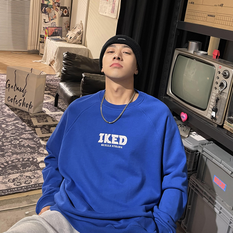 D022春季新款克莱因蓝简约字母圆领卫衣男士宽松衣服潮牌休闲外套