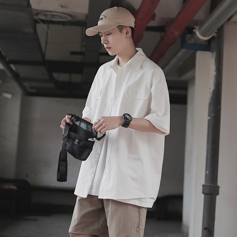 D夏纯色工装风短袖衬衫男生潮流半截袖白色衬衣宽松学生休闲中袖