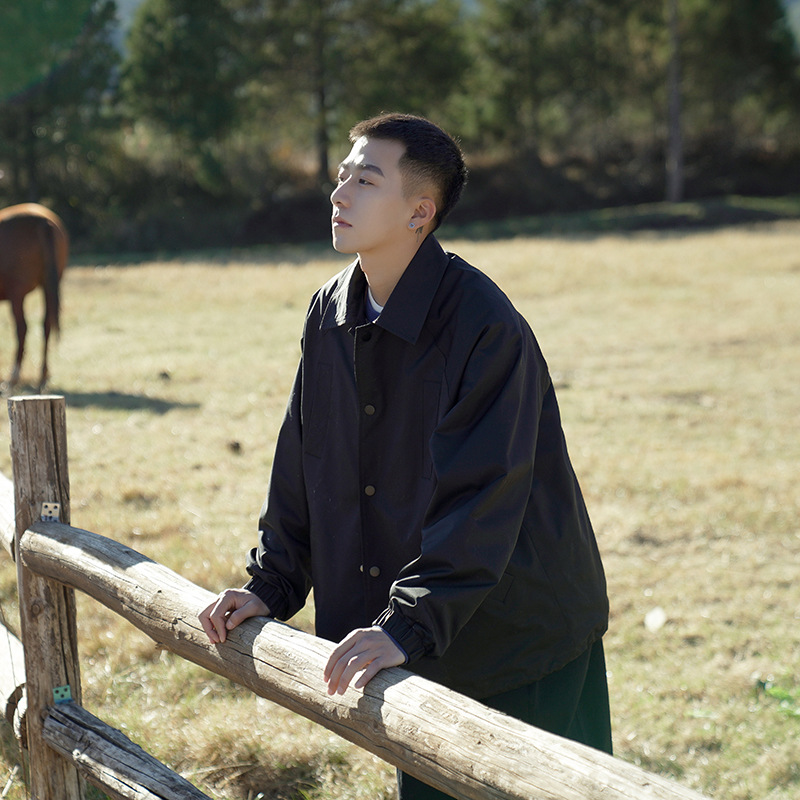 D022春秋简约休闲翻领教练夹克男士宽松衣服潮牌上衣日系工装外套