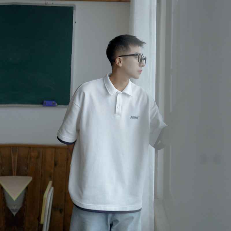 2022夏季新款撞色假两件短袖POLO衫男士半袖潮牌翻领T恤宽松体恤