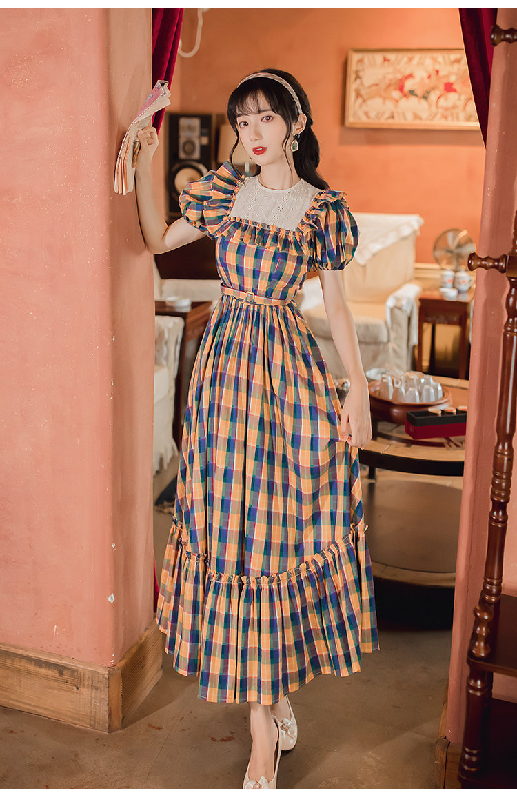 苏浅慕颜夏季法式宫廷复古英伦格子连衣裙修身连衣裙