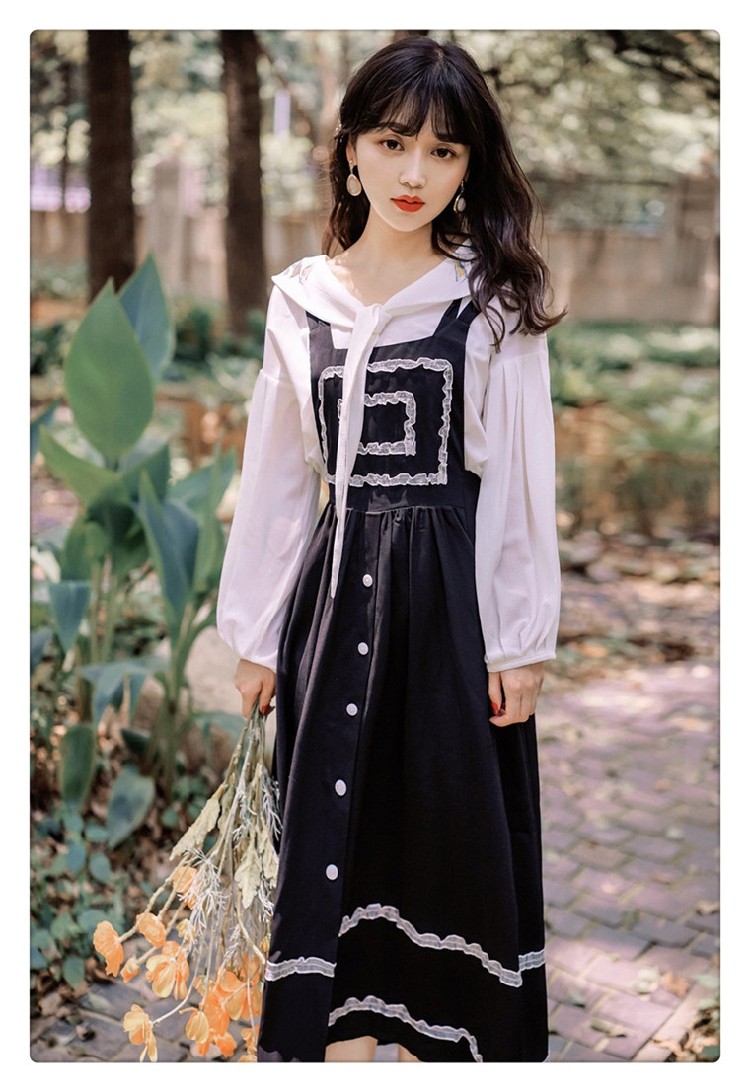 初秋复古白色长袖衬衫文艺学院宽松连衣裙