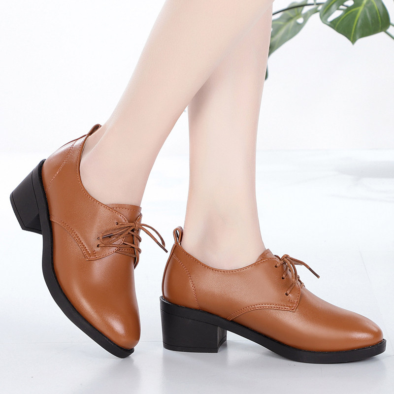 新款春秋秋季意尔康女鞋真皮中跟跟单鞋女深口单鞋