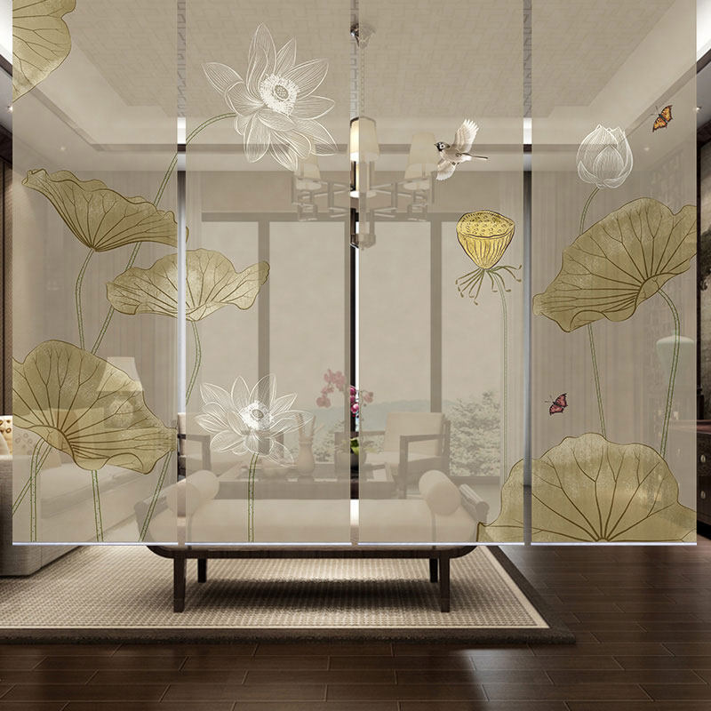 定制遮阳阳新中式卷帘荷花图案客厅拉帘隔断卷帘