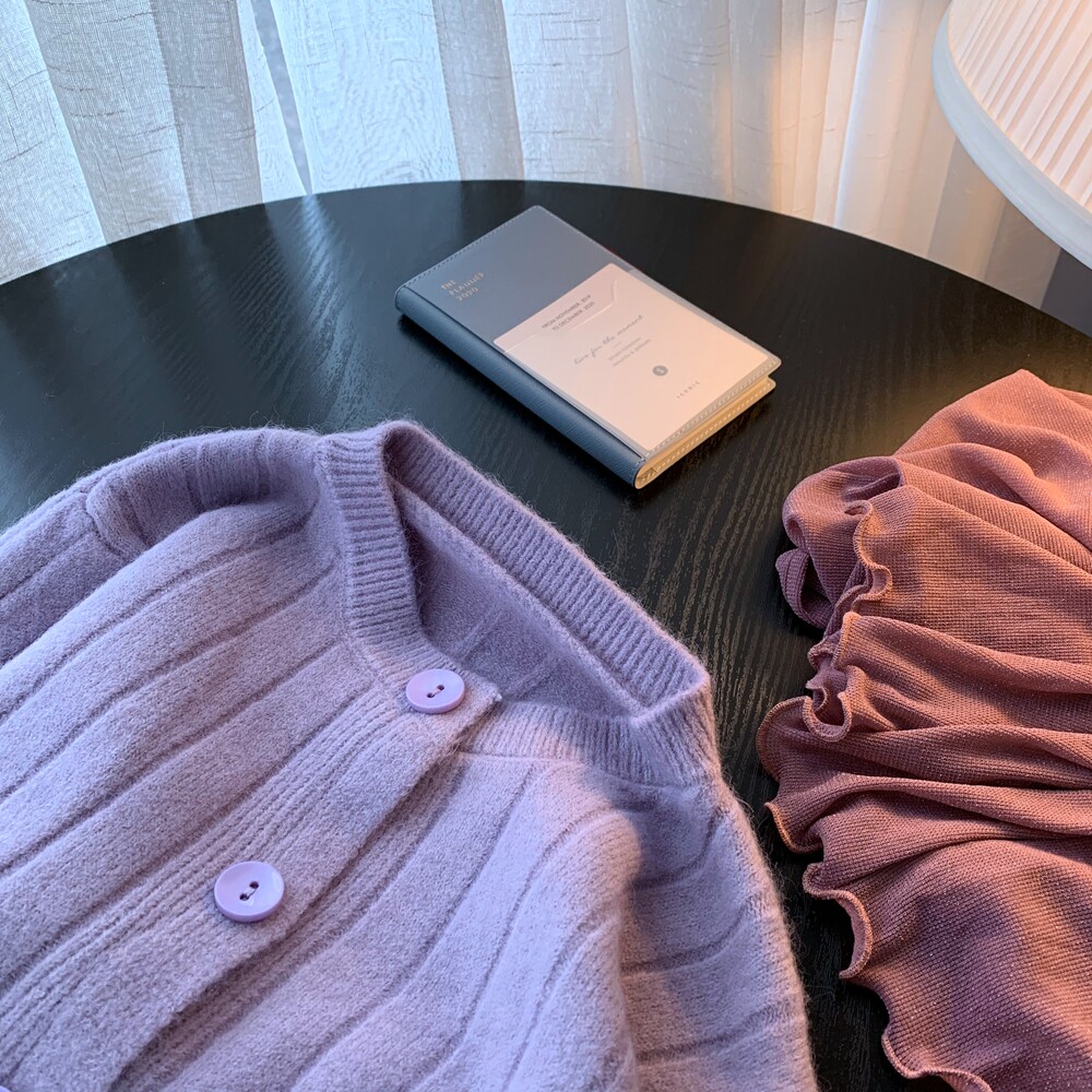 现货【云烟紫】温柔显瘦竖纹香芋紫色抽条女春新纯色针织毛衣开衫