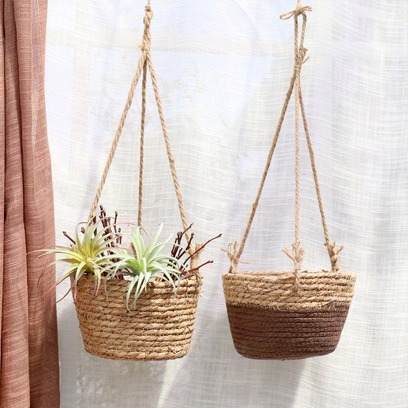 饰篮 创意北欧风藤编花篮吊篮吊盆绿萝花盆麻绳垂吊悬挂壁挂草编装