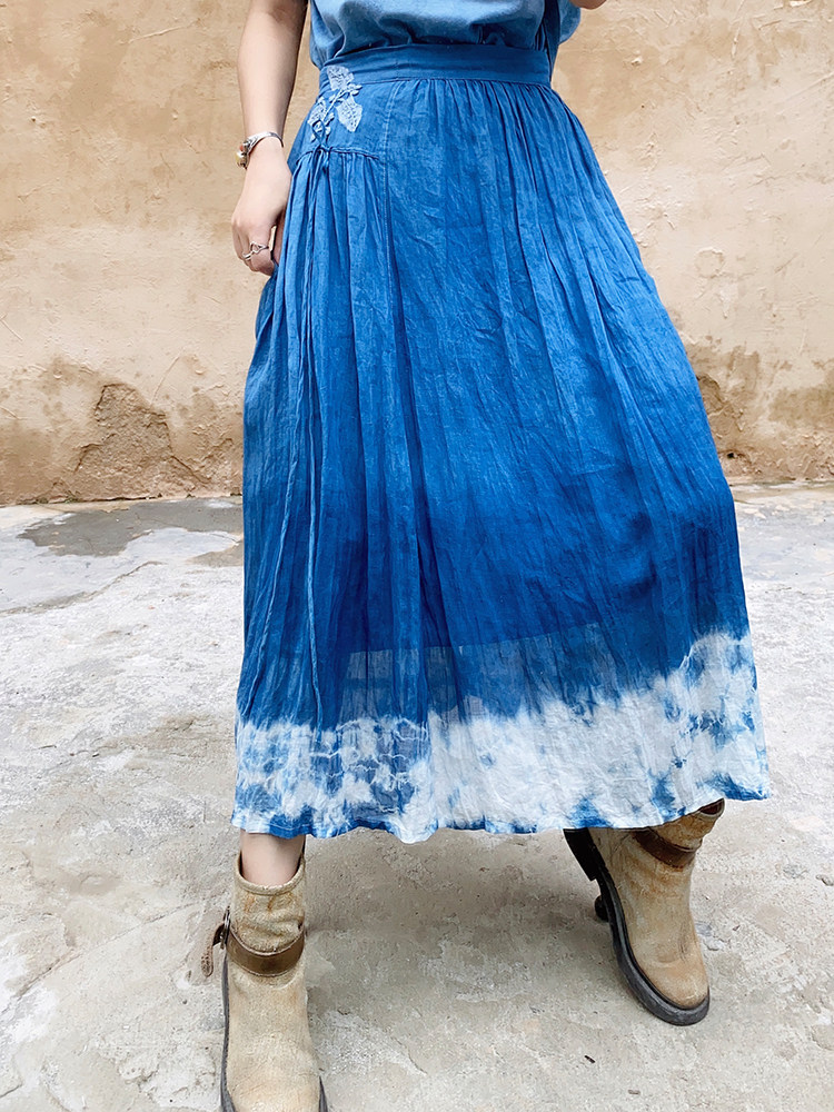 花间扎染中长半身刺绣宽松手工间里复古染蓝半身裙
