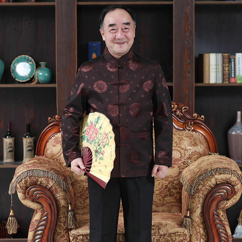中老年人唐装男士春秋季中式大码上衣古装汉服薄款古风外套爷爷装