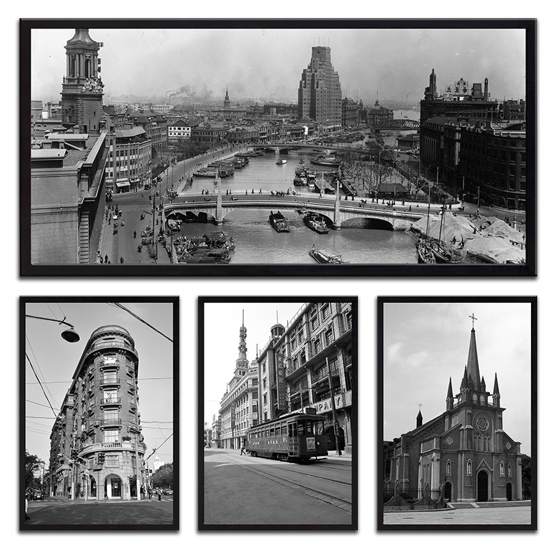 民国国老上海装饰画黑白怀旧外滩古建筑照片墙画现代装饰画