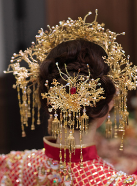 新娘头饰中式金色前后冠流苏凤冠