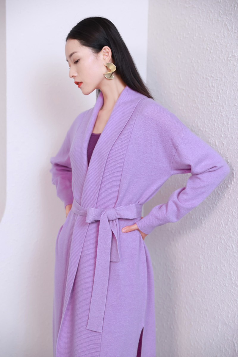 若浓tenderwind系列如梦丁香紫色浴袍羊毛翻领长款毛针织衫