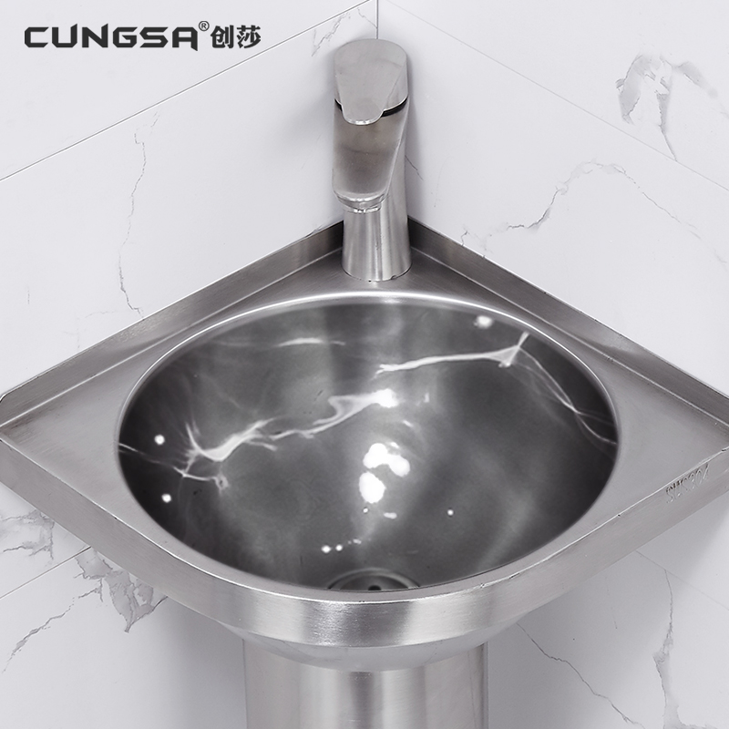 创莎不锈钢洗脸盆卫生间三角形面盆落地式阳台角盆立柱立柱盆