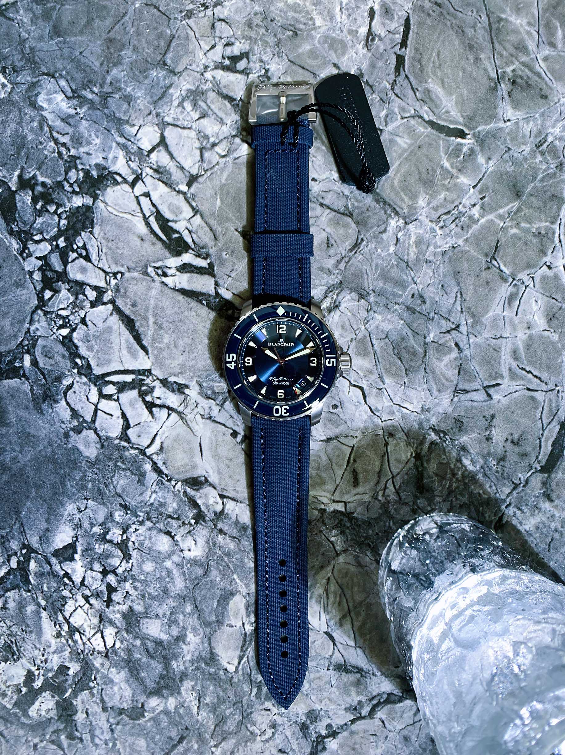 宝珀Blancpain五十噚缎面磨砂钛合金蓝盘帆布带 5015-12B40-O52A